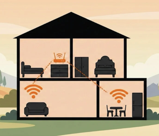 Ilustração de sinal Wi-Fi distribuído pela casa